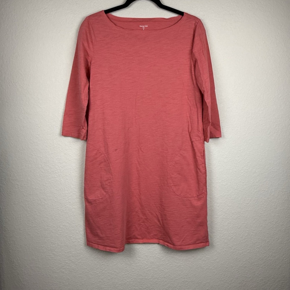 Garnet Hill Slub 100% Cotton Coral Dress Pockets ¾ Sleeves Pullover Sz 8 *read